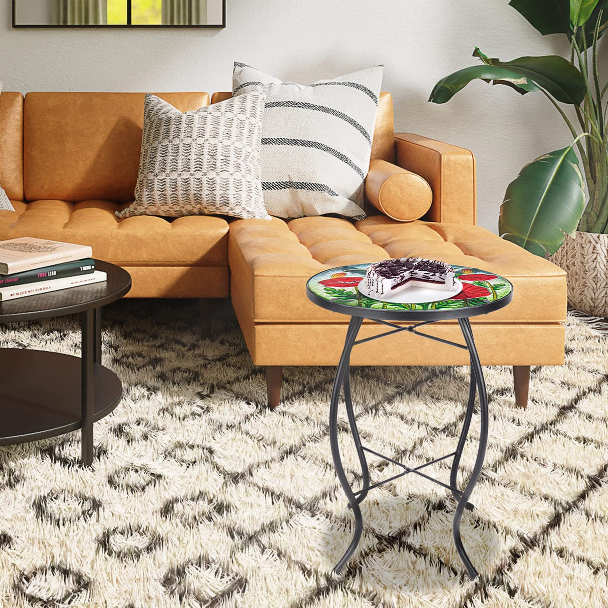Outdoor Side Table - Small Mosaic Patio Table, 14” Round Accent End Coffee Table Glass