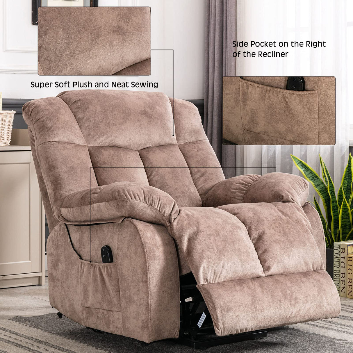 Power Lift Recliner Chair for Elderly- Heavy Duty and Safety Motion Reclining Mechanism-Antiskid Fabric Sofa Living Room Chair with Overstuffed Design, Camel