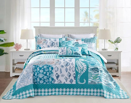 Coastal Oversized King Bedspread 128x120 Extra Wide, Lightweight Beach Bedding