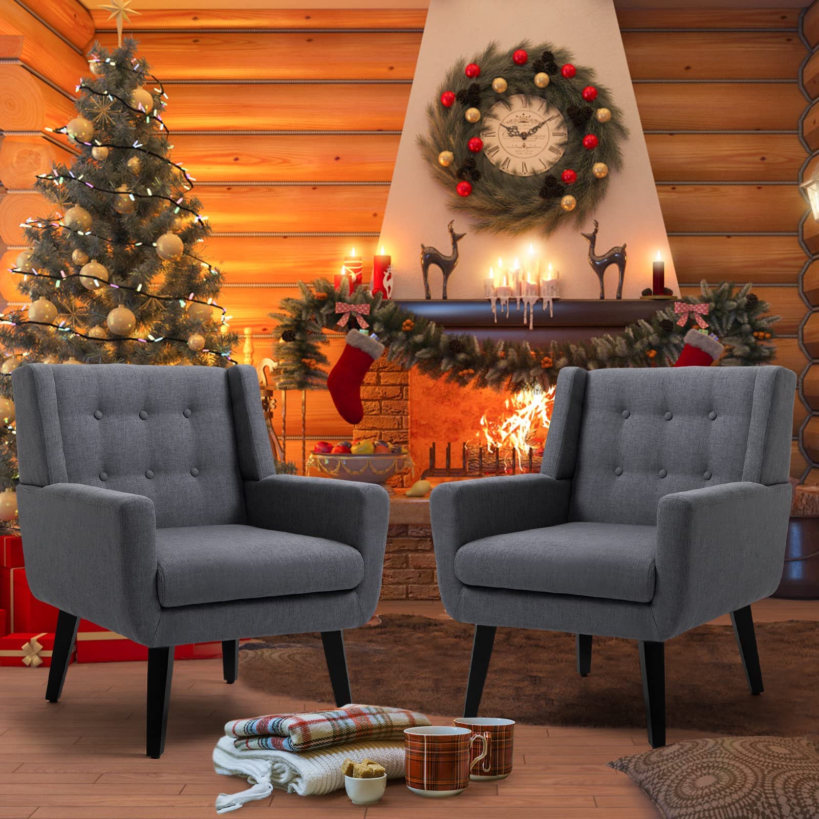 Set of 2 Morden Accent Chair, Mid-Century Modern Upholstered Sofa Chair with Rubber