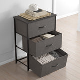 Dresser Nightstand for Bedroom, Small Kids Bedroom Fabric Tall Dresser 3 Drawer Storage Tower Organizer Unit for Hallway Entryway Closets, Steel Frame Wood Top, Dark Grey