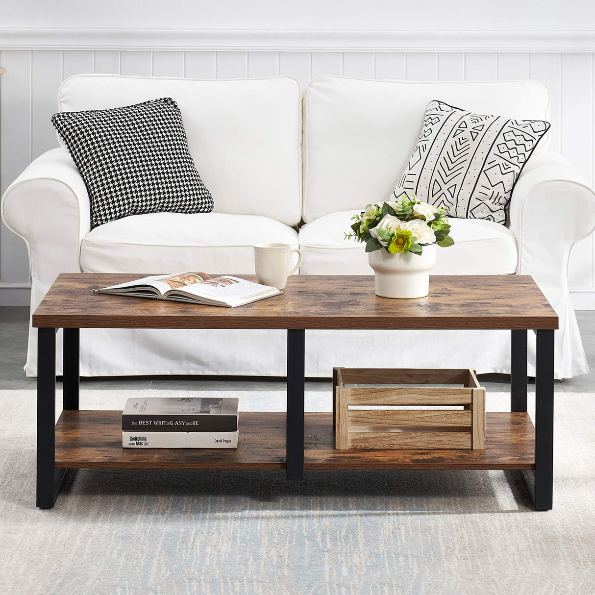 Industrial Coffee Table for Living Room, Sturdy Wood and Metal Cocktail Table