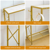 Gold Console Table, 2 Tier Narrow Entryway Table with Shelves and Hooks,