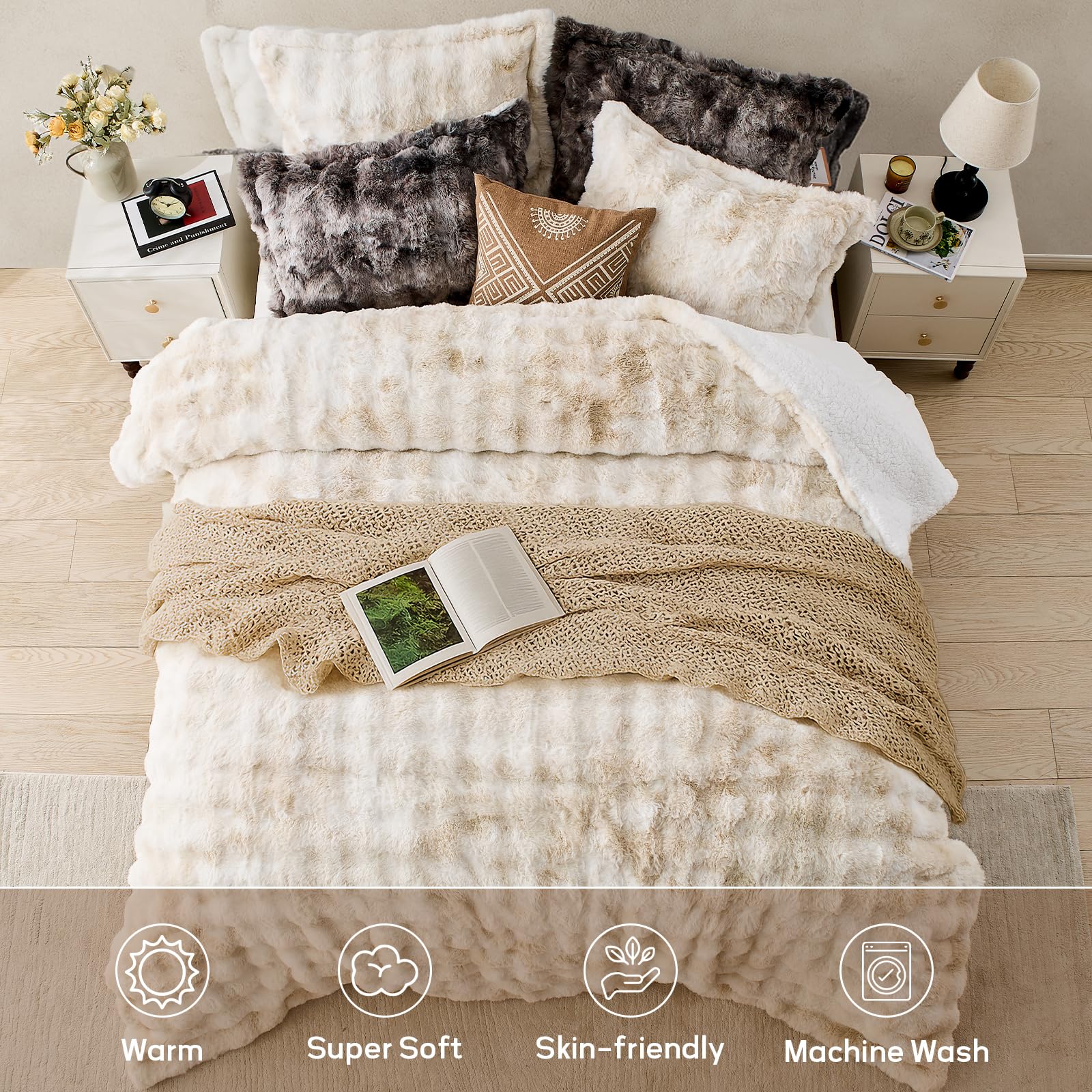 Faux Rabbit Fur Comforter Set Queen - Tie-Dye Brown