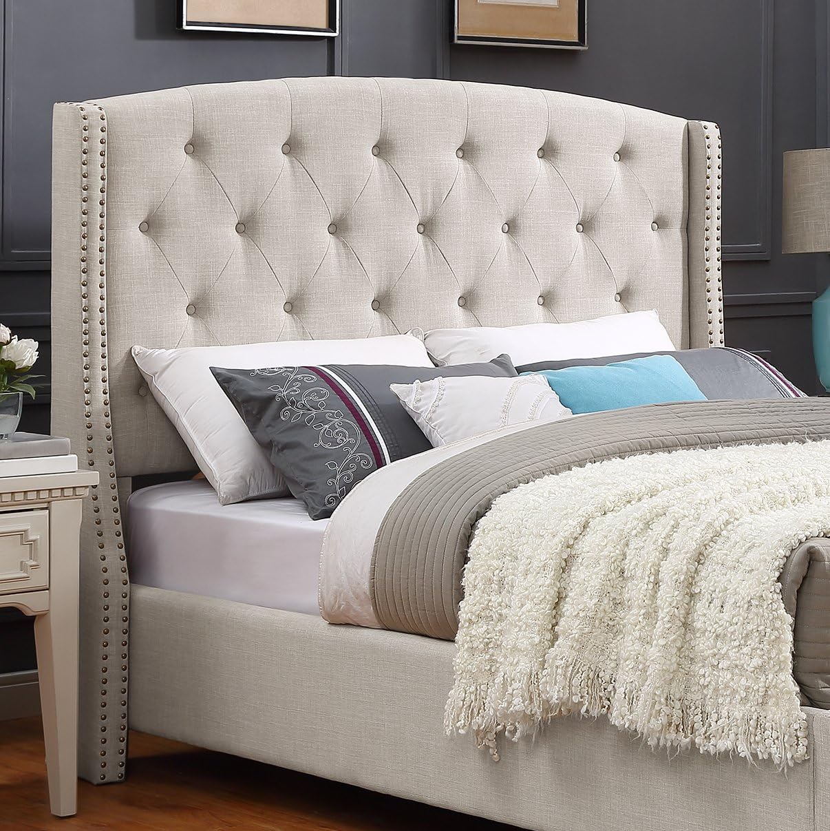Wood Full Size Bed Frame, Mid Century Modern Platform Bed with Headboard