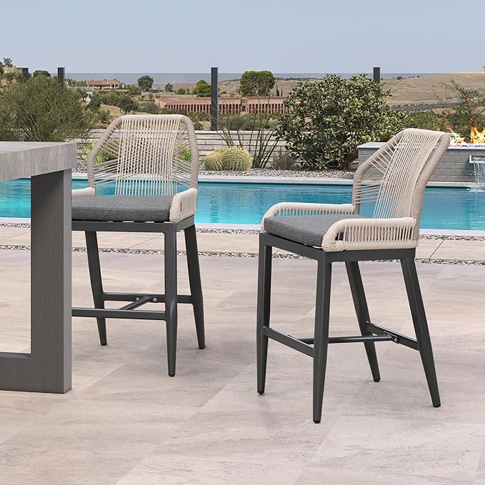 Patio Bar Stool Bar Height Set of 2 Outdoor Rattan Chairs with Back Modern Aluminum Woven Barstools