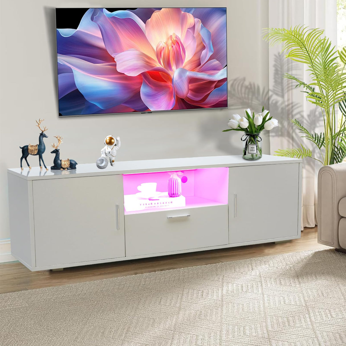 TV Stand for 55 Inch TVs, Modern LED Entertainment Center with Storage Cabinet