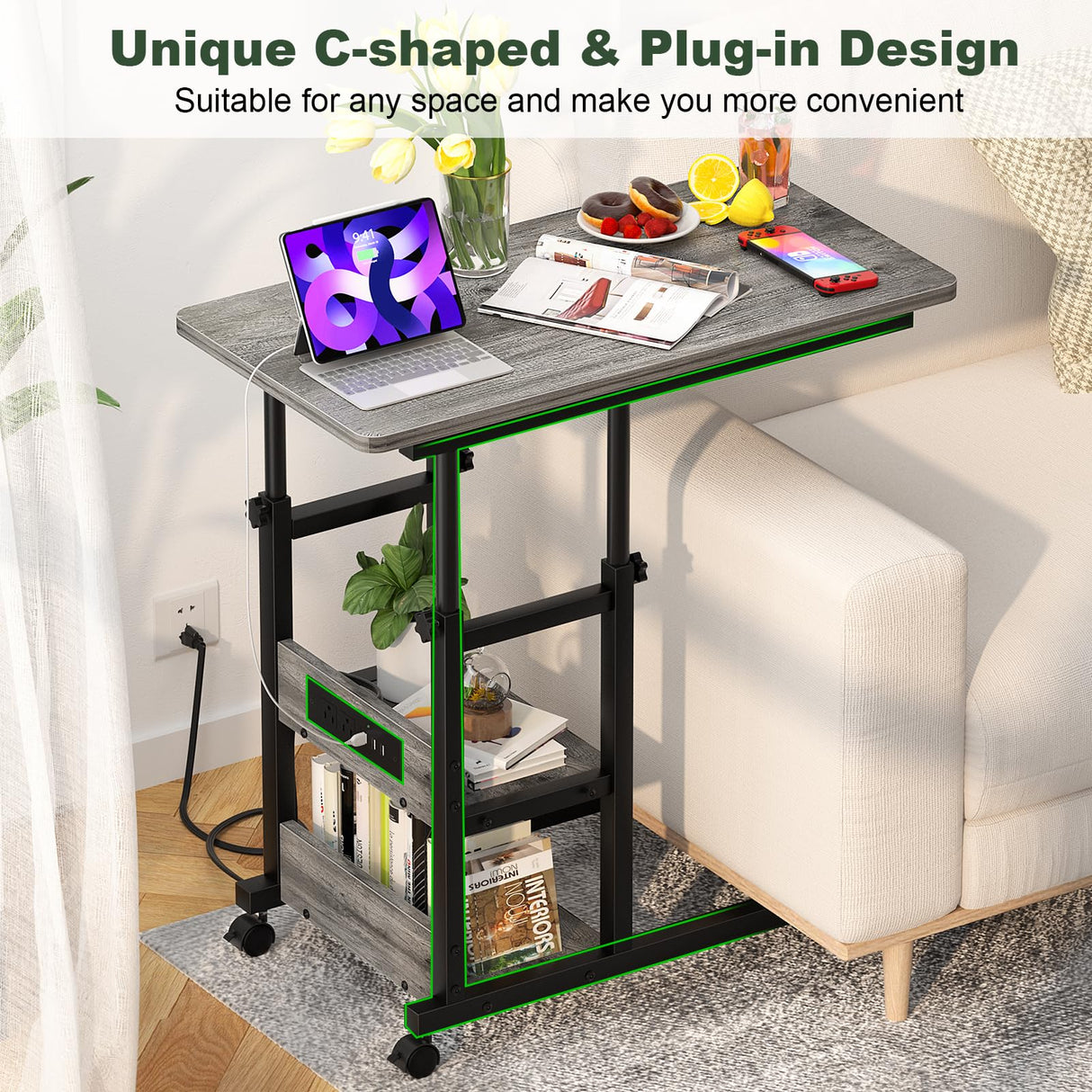 Height Adjustable C Shaped End Table with Charging Station, Mobile Laptop Side