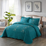 3 Piece Lightweight Bedspread Quilt Set Microfiber Quilt Embroidered Bedspreads Bed Coverlet Set, Lapaz (Teal, Queen)