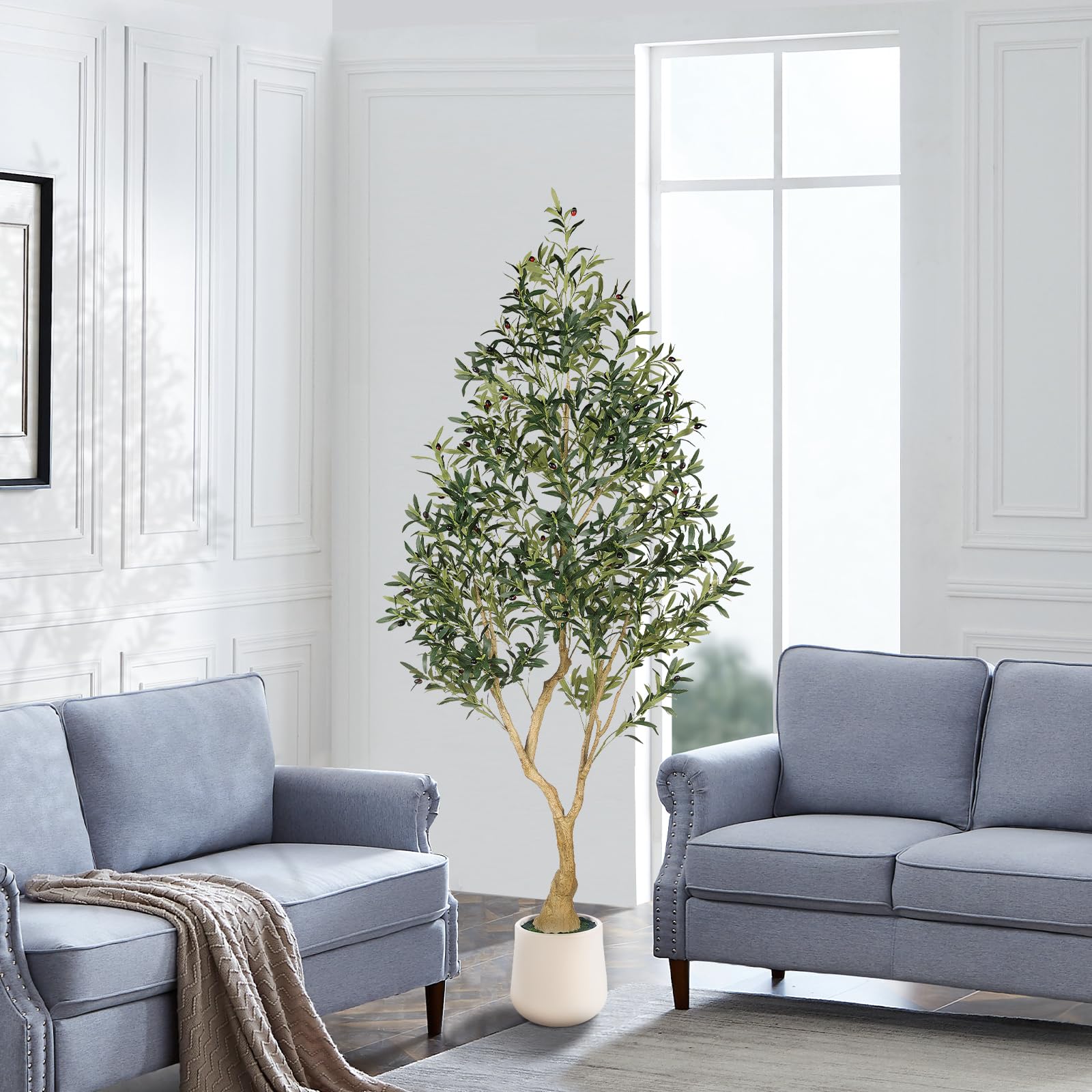 PHYTREE Artificial Olive Tree with Planter - 7FT Tall Silk Faux Olive Trees with Wood Trunk & Lifelike Fruits, Indoor and Outdoor Realistic Potted Artificial Tree for Home Office Decor