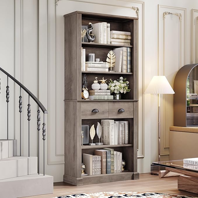 5-Tier Bookcase, Book Shelf with 2 Drawers, Tall Bookcase with Shelves