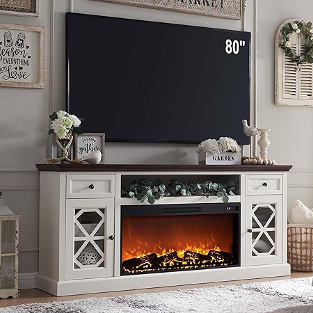 Farmhouse Fireplace TV Stand with 36" Electric Fireplace for 80 Inch TVs, 31" Tall