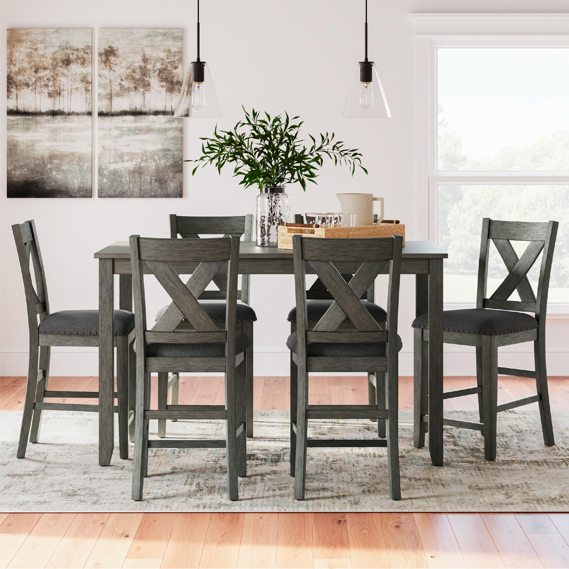 7-Piece Counter Height Dining Set with Gray Upholstered Bar Stools