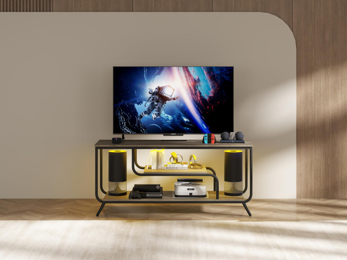 with Power Outlets and LED Light, Entertainment Center Modern TV Console for Bedroom,