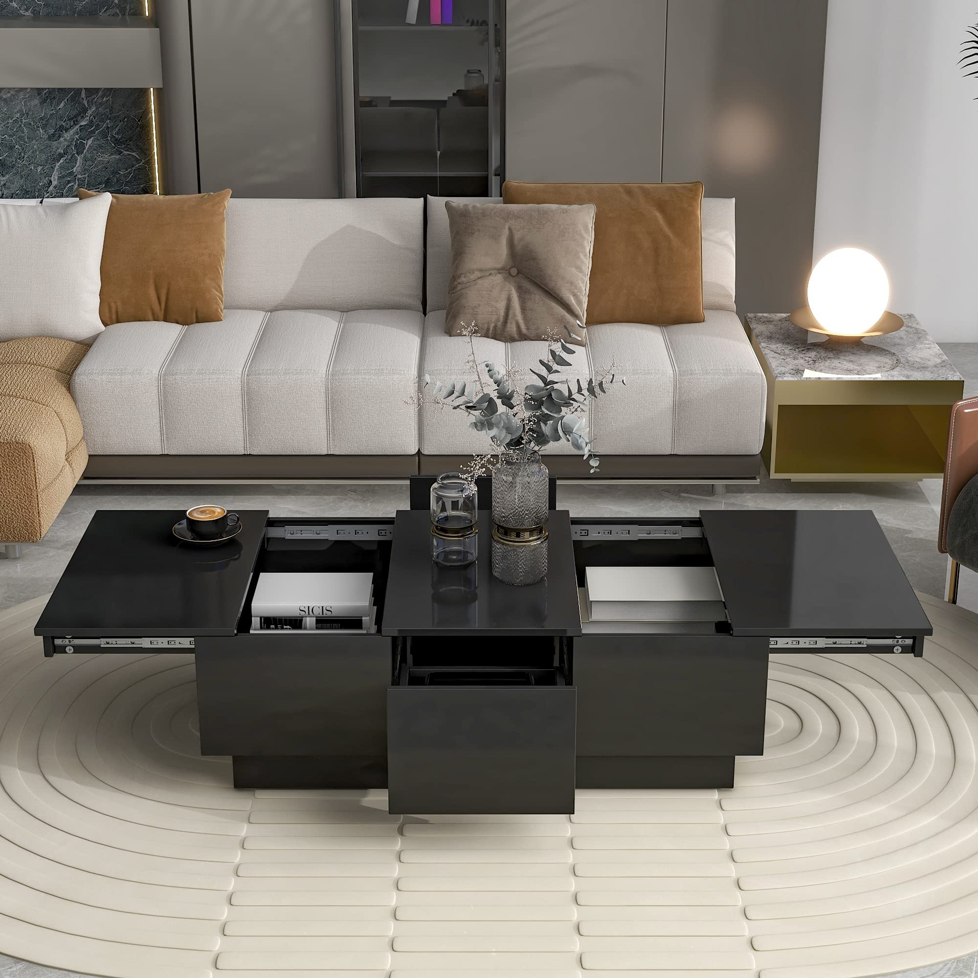 Extendable Coffee Table with 2 Drawers, Rectangle Center Table