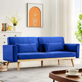Blue Futon Sofa Bed, Velvet Convertible Sofa Couch Sleeper with Wood Legs & 2 Pillows