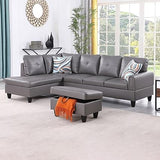 Linen Upholstered L-Shape Sectional Sofa with Storage Ottoman & Chaise