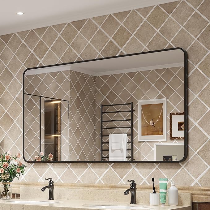 Black Framed Mirrors for Bathroom, Rounded Conner Rectangle Mirror