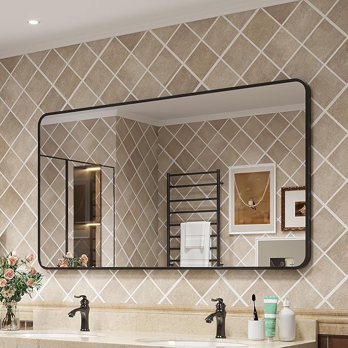 Black Framed Mirrors for Bathroom,40 x 32 Inch Rounded Conner Rectangle Mirror for Wall,