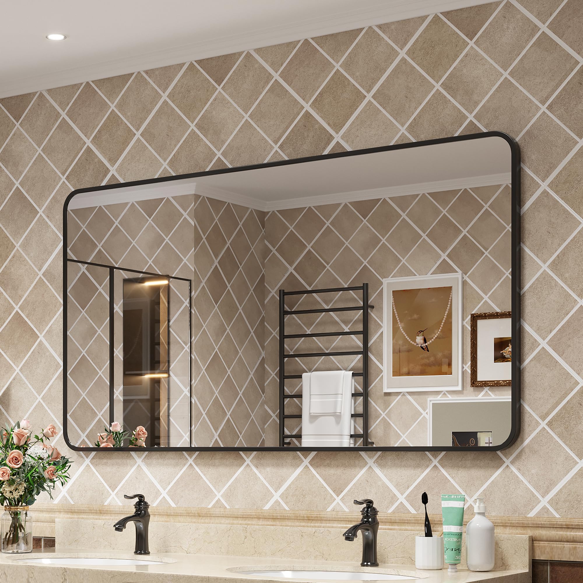 Black Framed Mirrors for Bathroom, Rounded Conner Rectangle Mirror