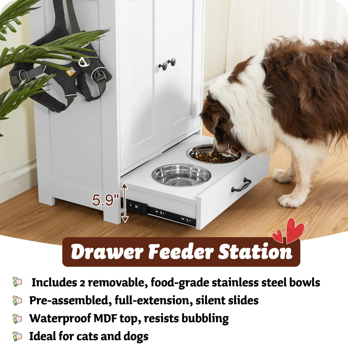 Dog Feeding Station with Storage Cabinet and 2 Elevated Bowls