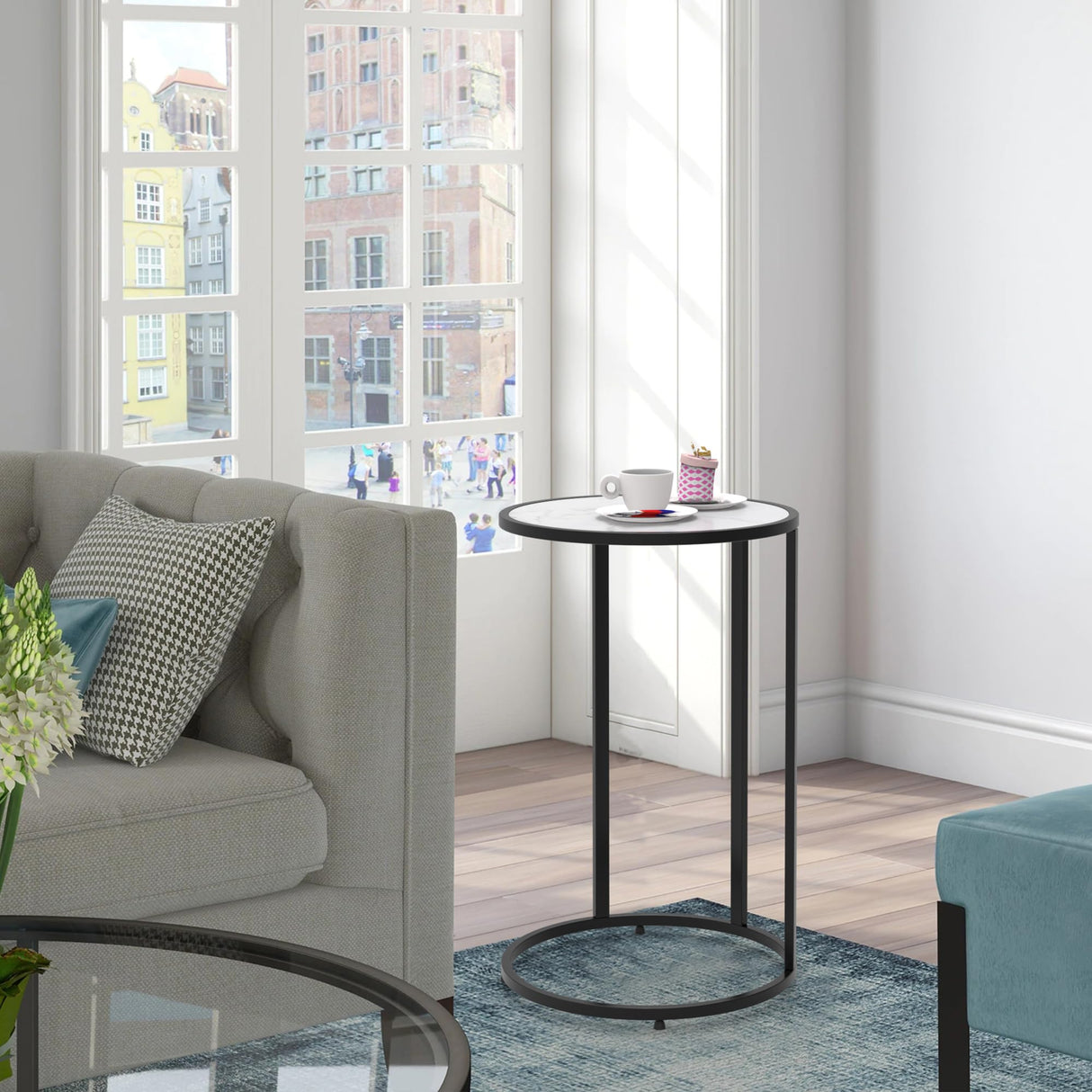 Round Side Table Black - Wood Top End Table with Metal Frame, Accent Tables