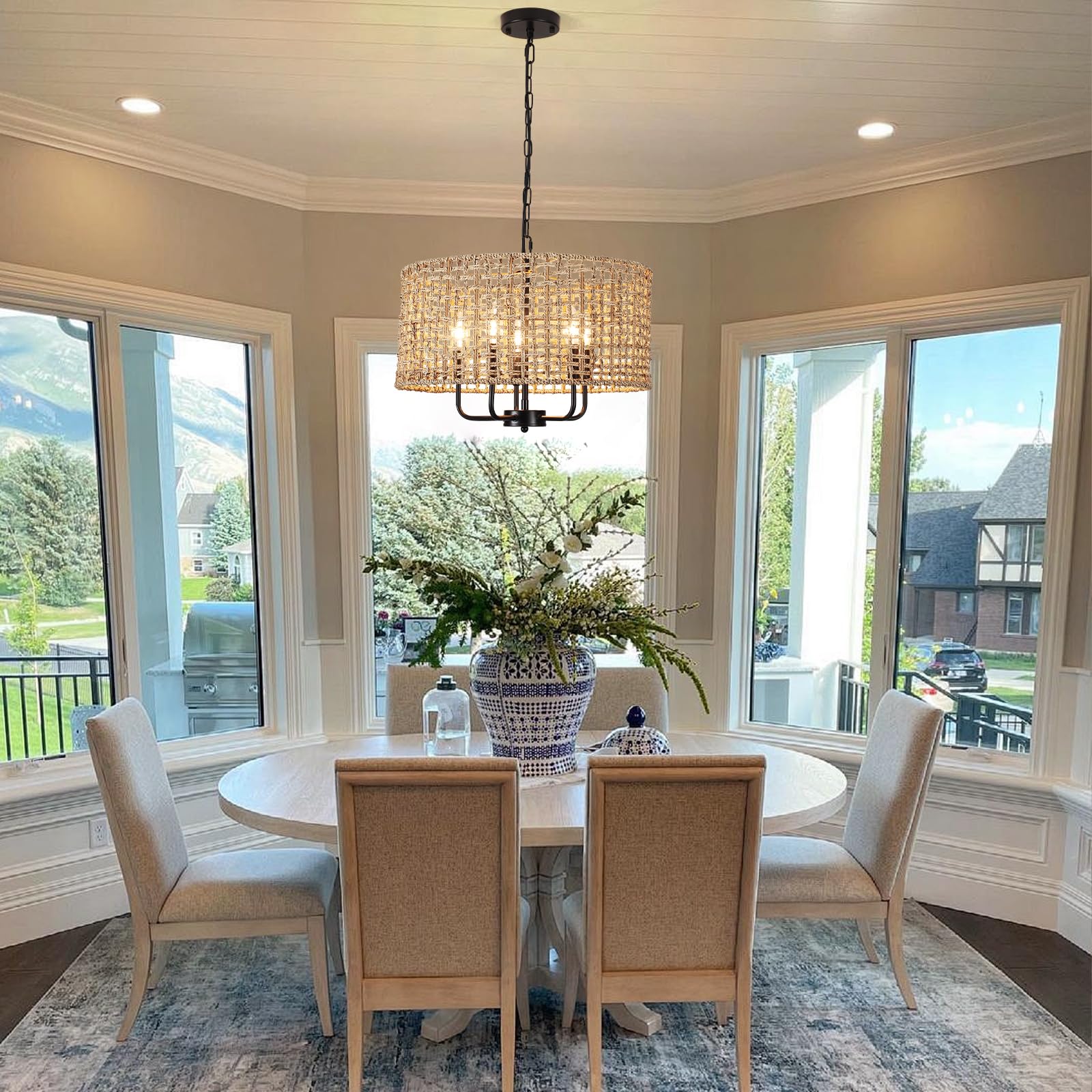 Rattan Chandelier for Dining Room 5-Light Boho Chandeliers Light Fixture Brown and Black