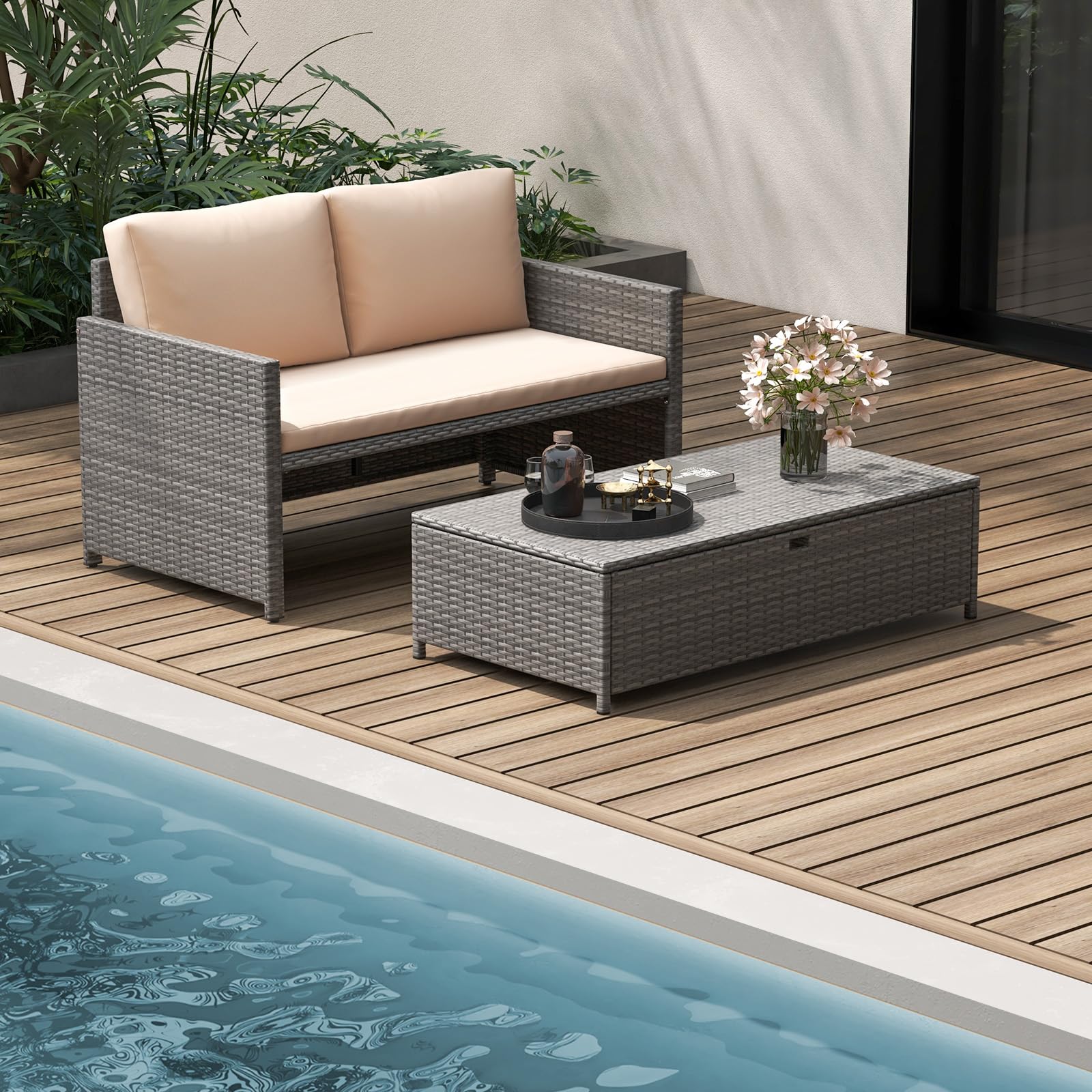 2-Piece Outdoor Daybed - PE Rattan Sunbed with 31 Gallon Storage Ottoman