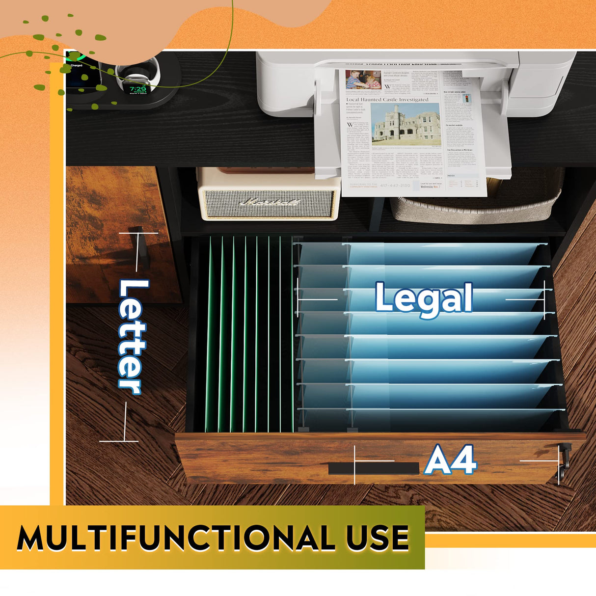 File Cabinet with Charging Station, 1 Drawer Rolling File Cabinet, Locking Filing Cabinet