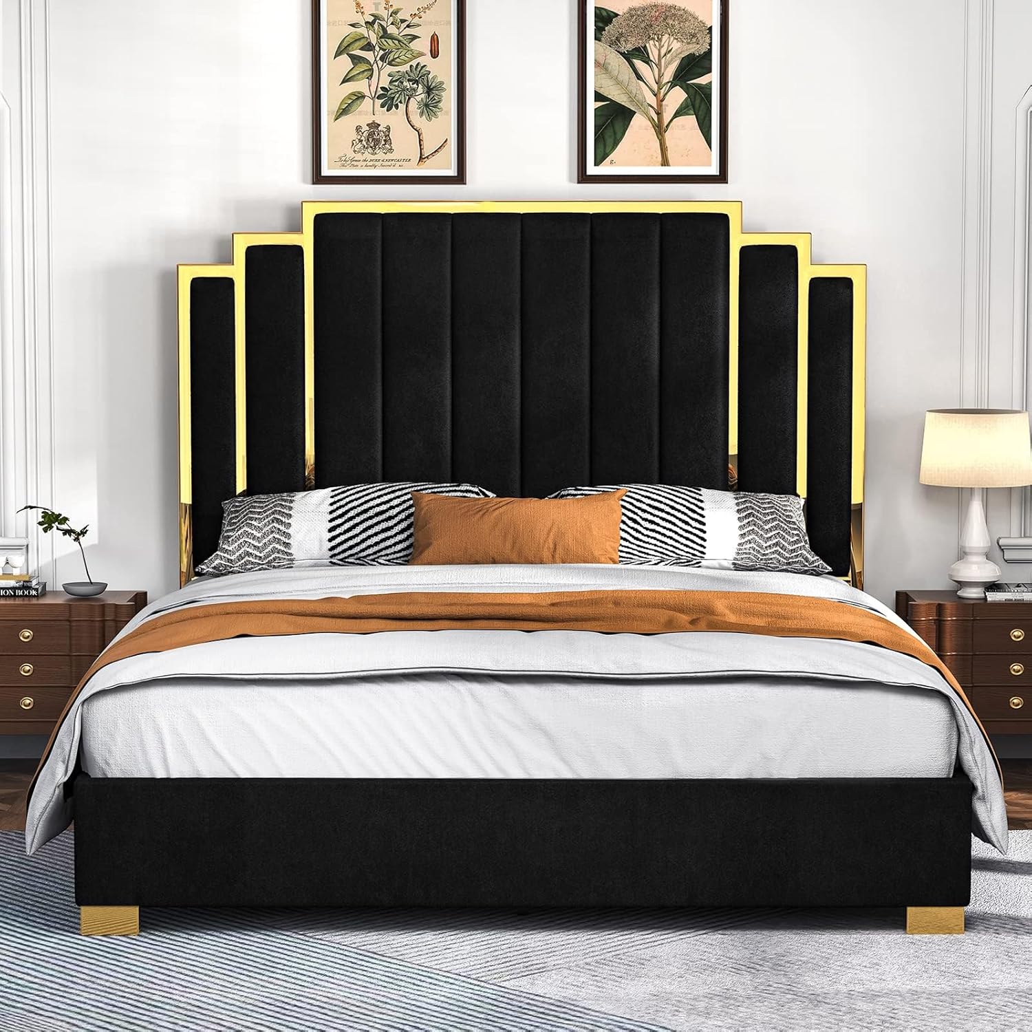 California King Platform Bed Frame - 65" Velvet Upholstered with Gold Trim