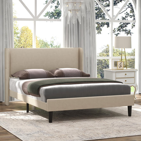 Full Bed Frame, Upholstered Platform Bed with Wingback Headboard, Velvet Upholstered Bed Frame with 2 Storage Pockets,