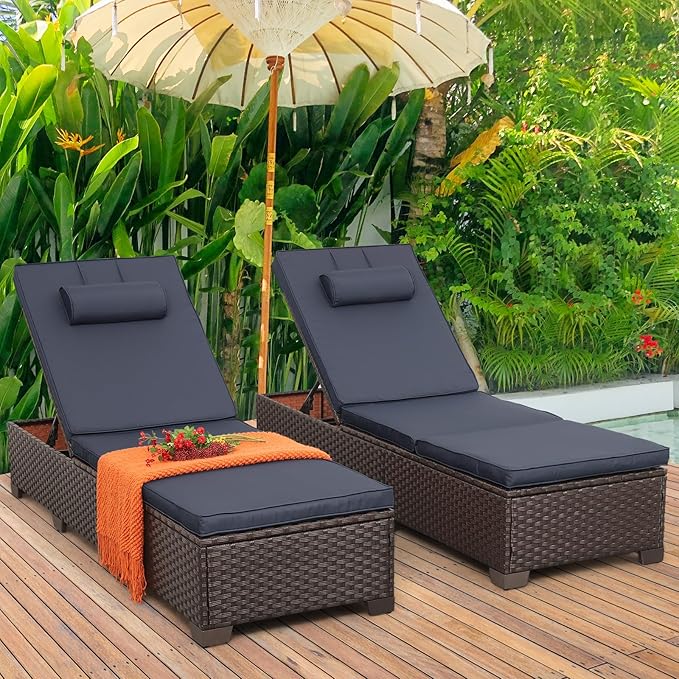 Brown Wicker Patio Chaise Lounge Chairs Set of 2 Outdoor Chaise Lounge Pool Lounge Chairs