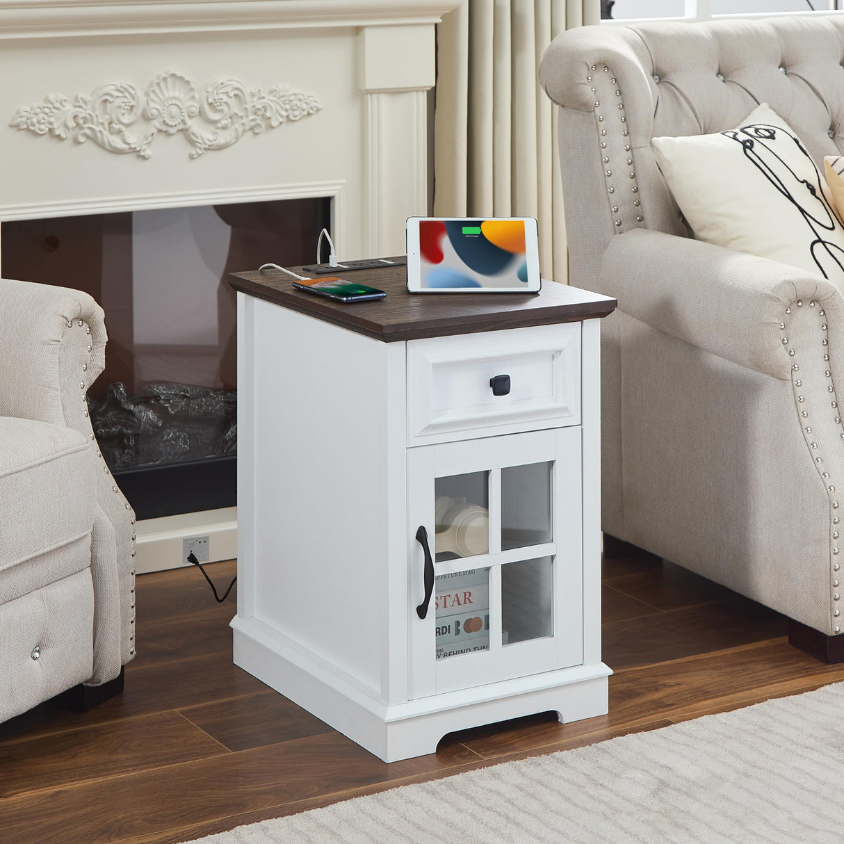 Farmhouse XXL End Table with Charging Station, Side Table with USB Ports and Outlets