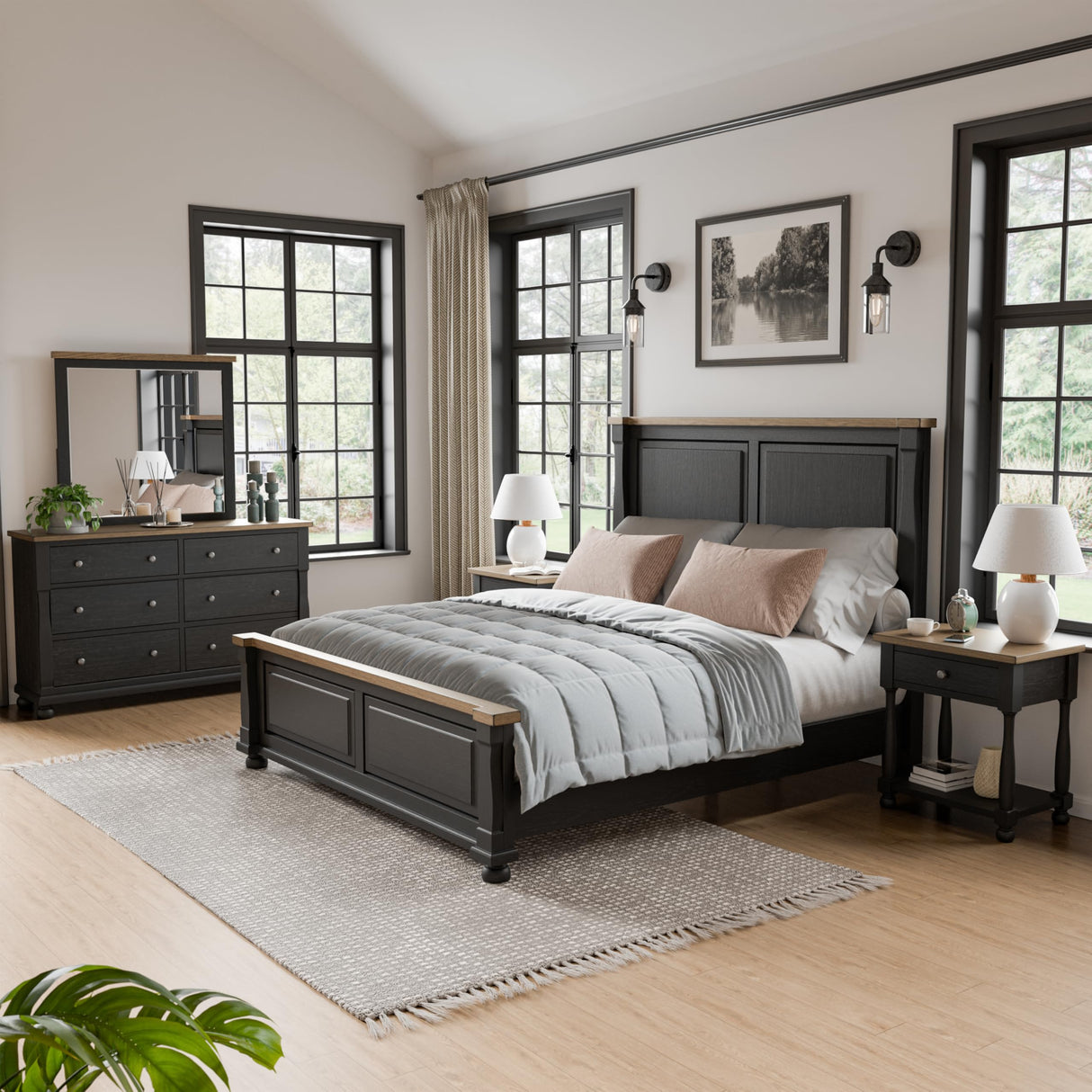 Narella Modern Farmhouse Solid Wood 5-Piece Bedroom Collection with Bed Frame