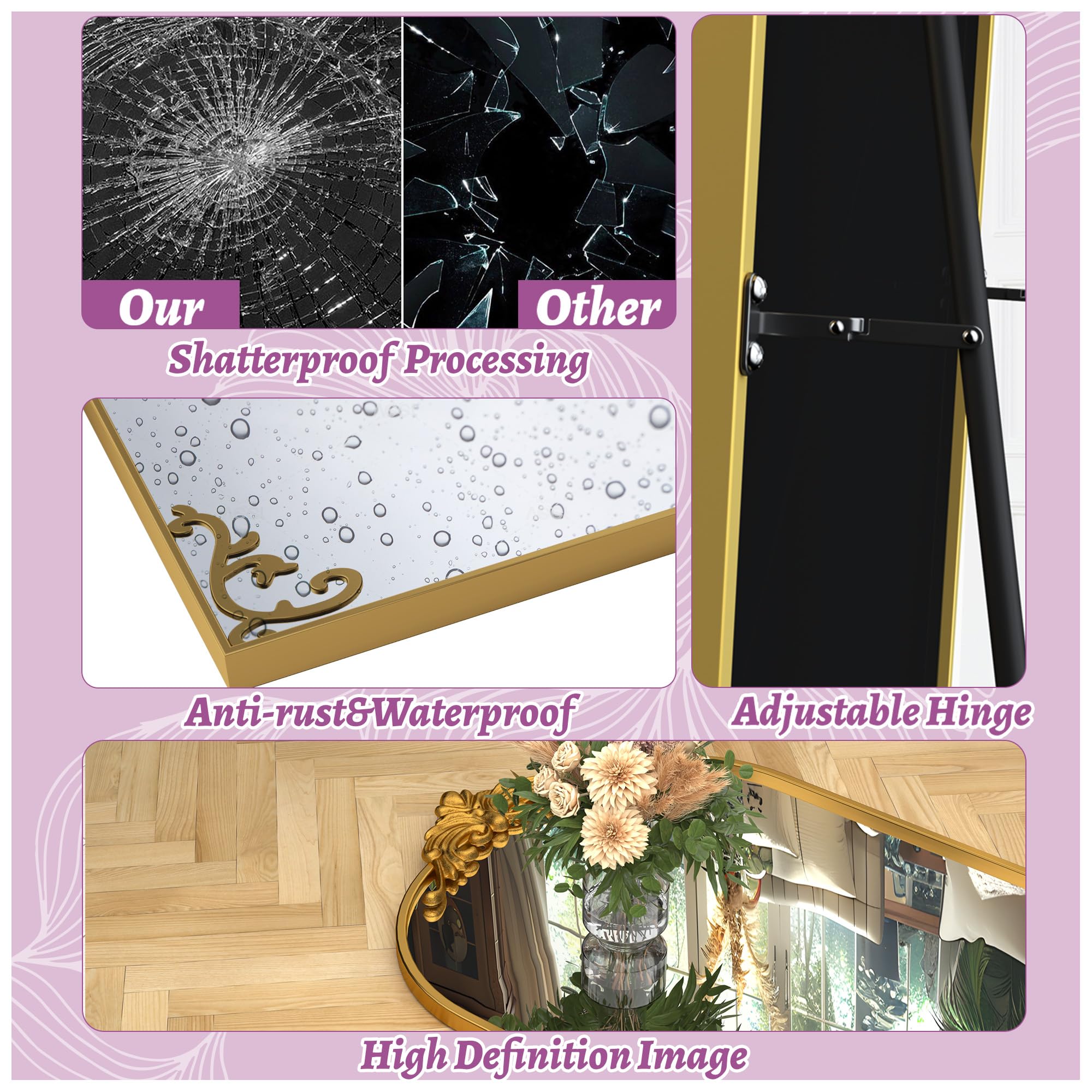 Arched Full Length Floor Mirror 64x21 - Vintage Gold Carved Frame