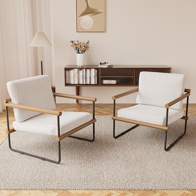 2/1PC Boucle Fabric Accent Chair with Round Side Tabel,Set of 3,Modern Tufted Single Sofa
