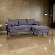 84 Inch Plush Sofa with Reversible Chaise Ottoman, USB, Dark