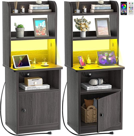 Tall Nightstands Set of 2 with Charging Station and LED Lights - 47" Tall Bedside Table