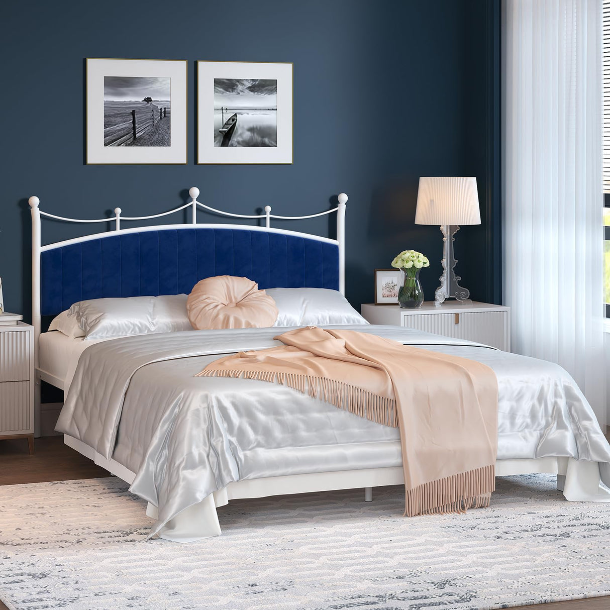 Upholstered Headboard, Soft Velvet Bed Frame Metal Platform No Box Spring Needed