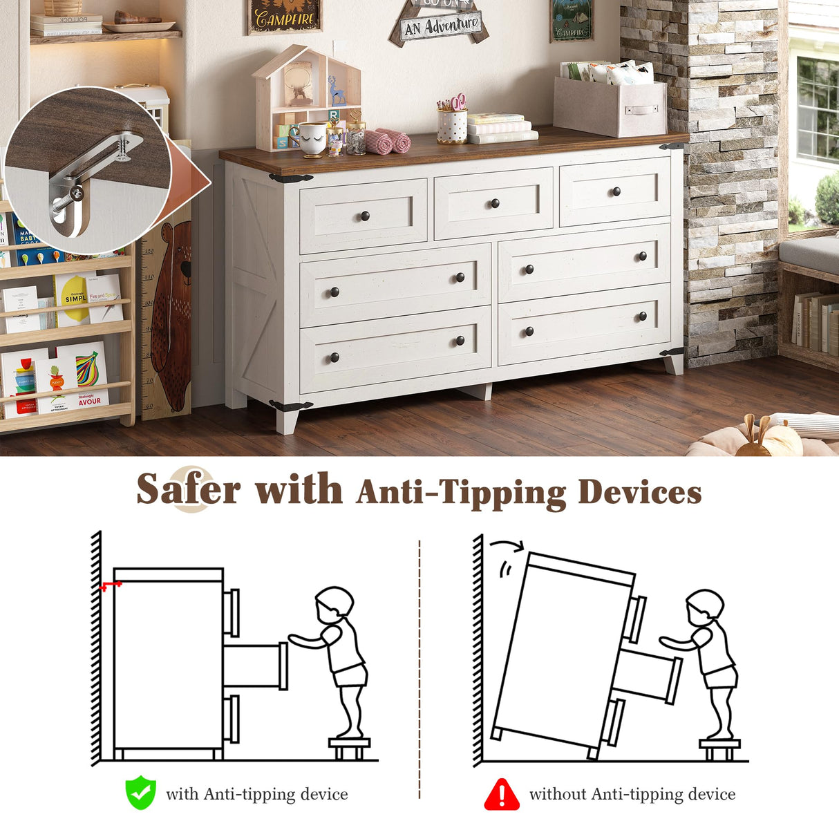 Dresser for Bedroom Wood Dresser with 7 Drawers White Dresser with Smooth Metal Rail Long