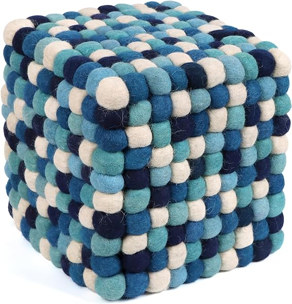 Multi Colored Cube Felt Ball Ottoman Pouf 15 Inches for Living Room, Bedroom