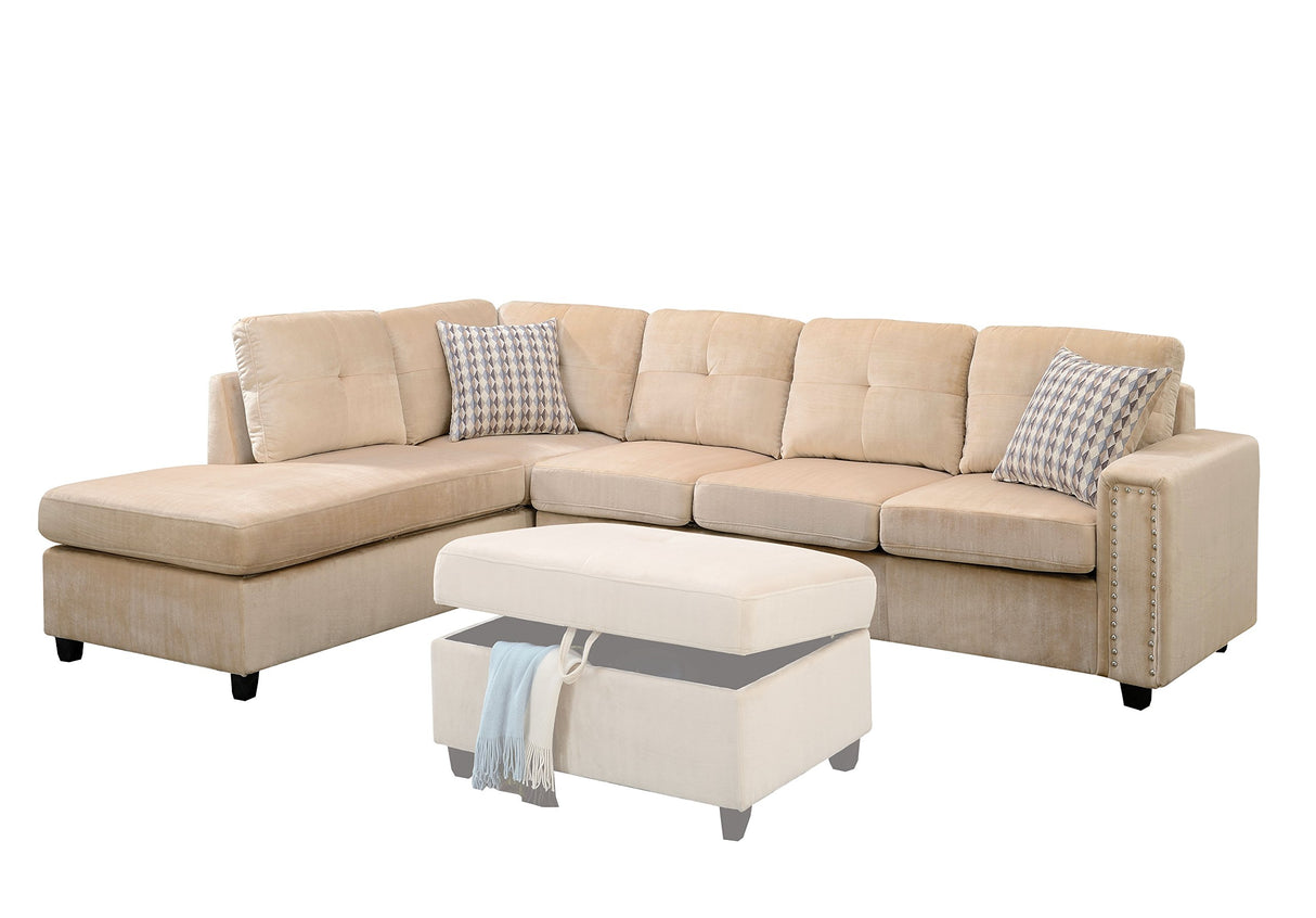 Velvet Sectional with Pillow in Beige