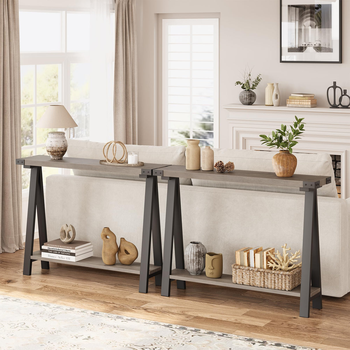 Farmhouse Console Table, 43.3" Entryway Table with Storage, 2 Tier Sofa Table