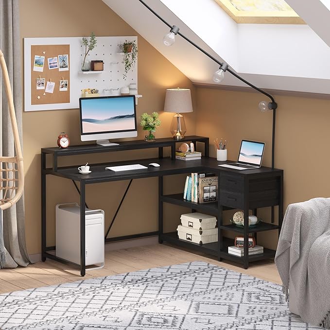 Reversible 55-inch L Shaped Desk with Drawer, Modern L Corner Desk Home Office
