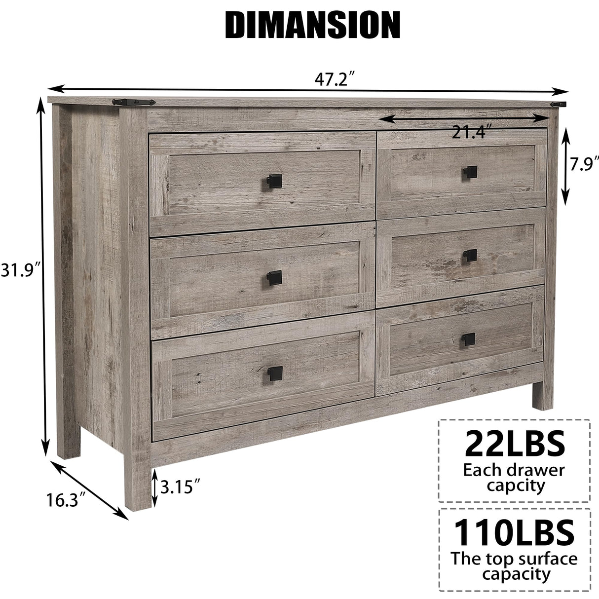 Farmhouse 6 Drawers Dresser, Wood Double Dresser Chest of Drawers