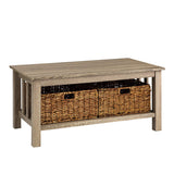 Alayna Mission Style Two Tier Coffee Table with Rattan Storage Baskets,