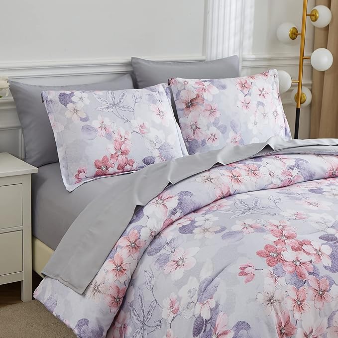 7 Piece Bed in a Bag Floral Comforter Set, Botanical Flowers Comforter and Sheet Set