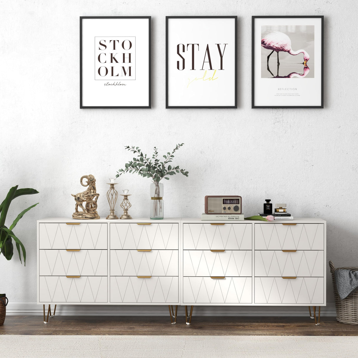 White Chest of Drawers Dresser for Bedroom, Modern Small Dresser with Gold Metal