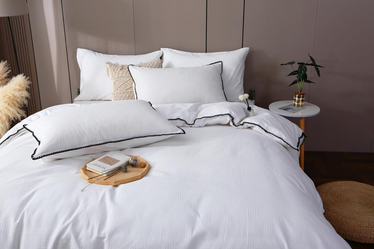Vintage Oeko Certified Duvet Cover Set, White Waffle Pattern, Elegant Design (King)