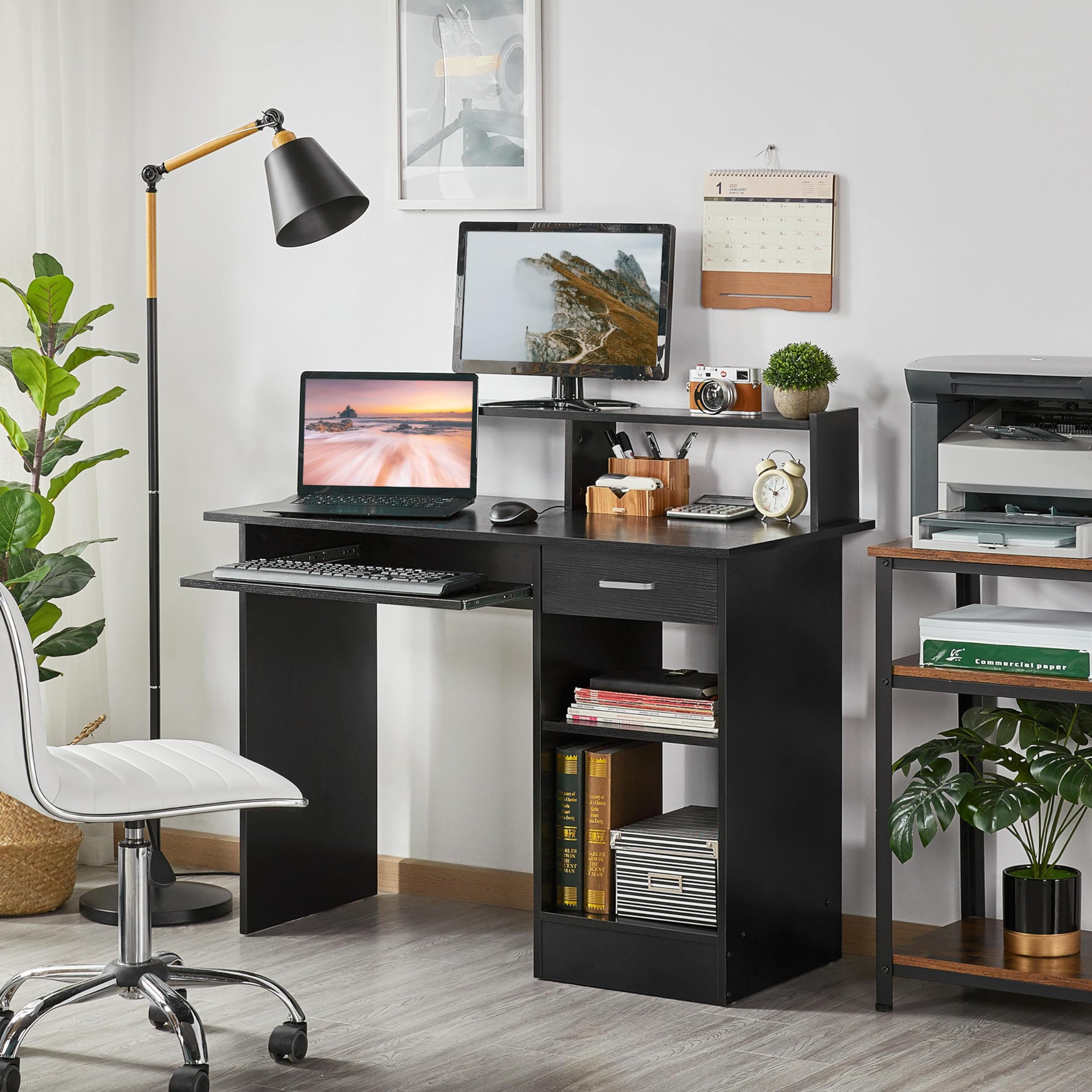 Home Office Wood Computer Desk with Drawers and Pull-Out Keyboard Tray